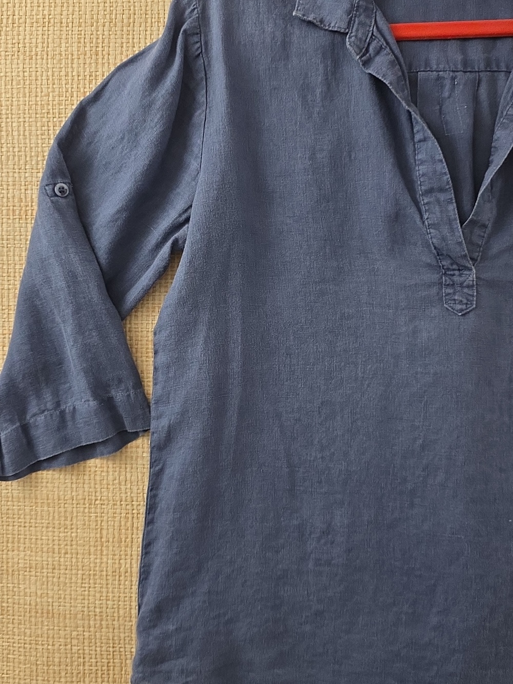 Side Stitch Blue Linen Popover Blouse XL Roll Tab Sleeve Lightweight Top - Picture 3 of 12